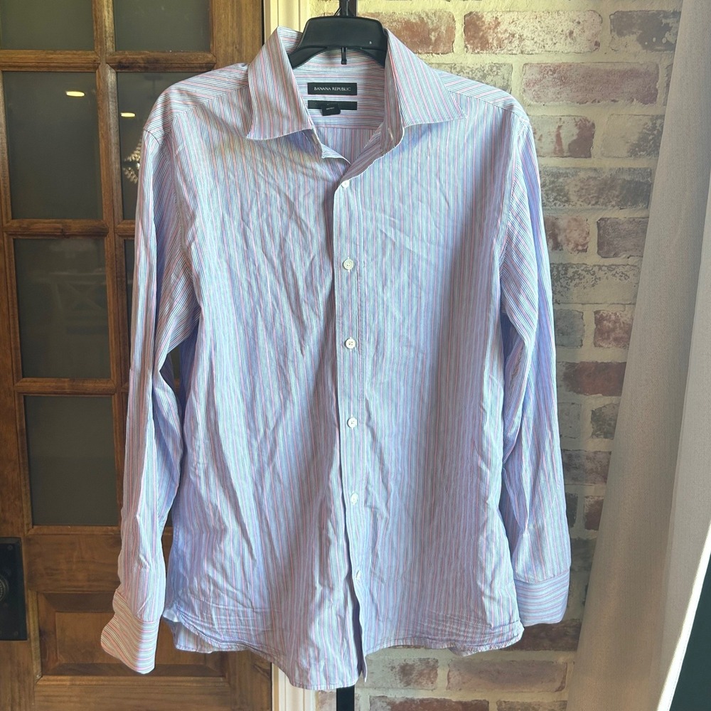 Banana Republic Button Up Mens Blue Red Striped Slim Fit Long Sleeve Shirt M